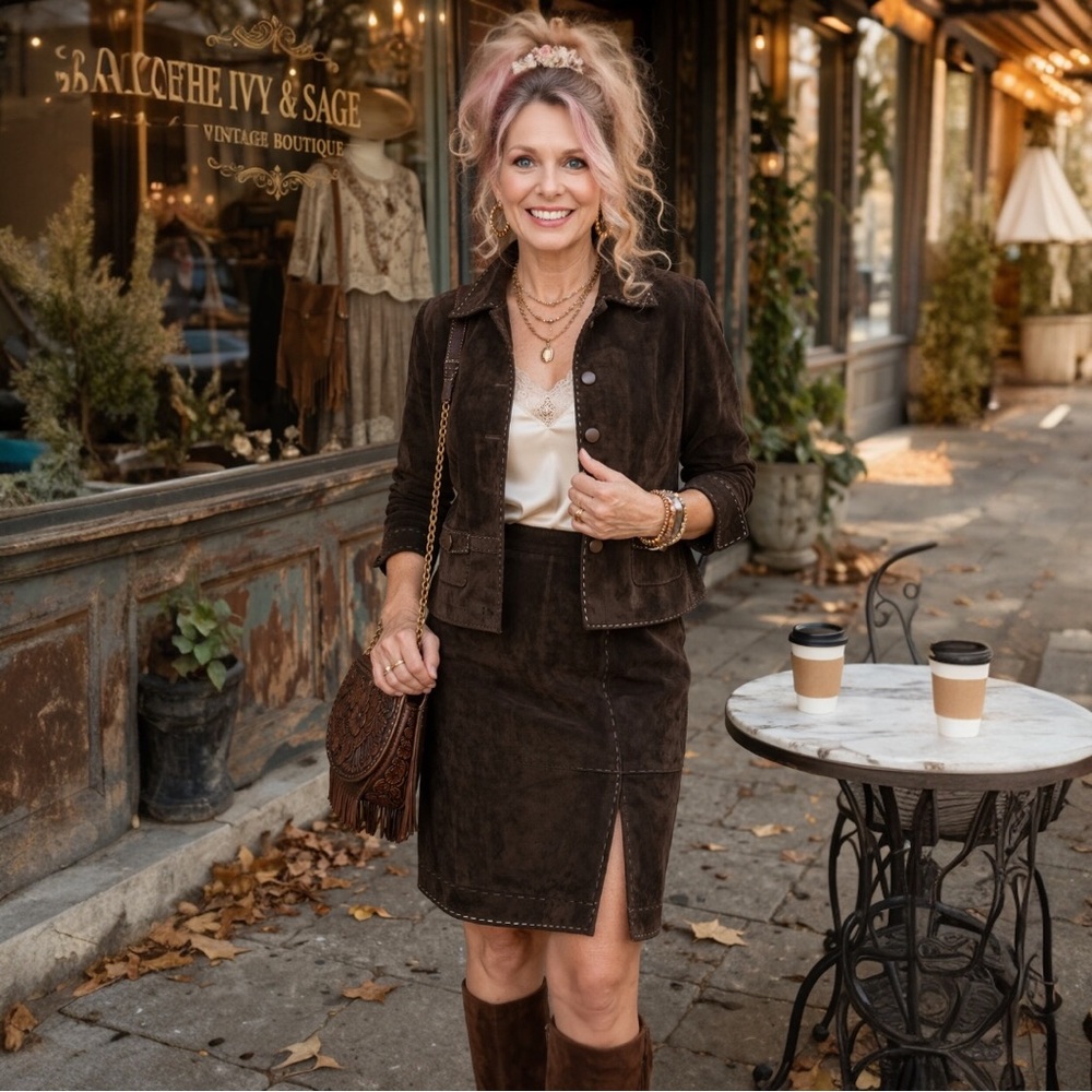 Vintage 90s Skotts Suede 2pc Set Brown Jacket & Midi Skirt L/10 Y2K